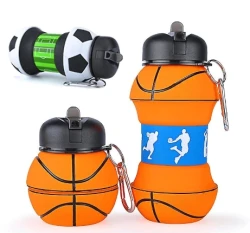 Collapsible Silicone Football Water Bottle – Leakproof, 550ml Foldable Bottle with Keyring for Kids